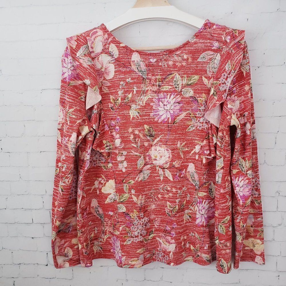 LC Lauren Conrad Floral Knit Top M Burnt Orange Red Ruffle Accent Long Sleeve